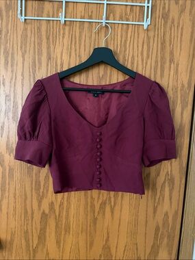 Jill Stuart Burgundy Button-Front Puff Sleeve Crop Top